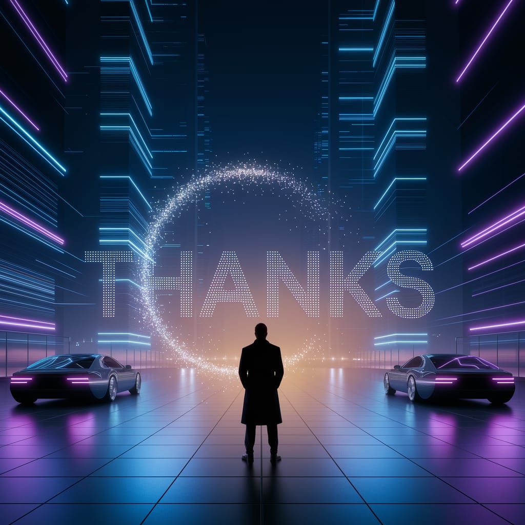 Futuristic Cityscape with Holographic Thanks in Neon Lights