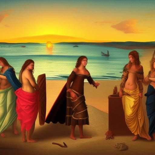roman women at the beach, colorful sunset, renaissance style
