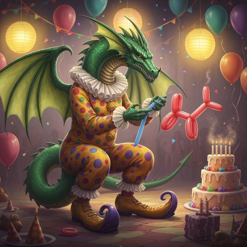 A dragon dressed as a clown making balloon animals at a birthday party 