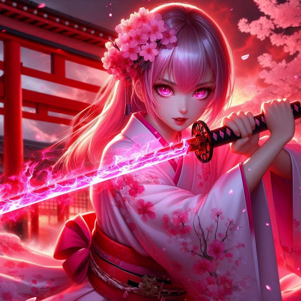 Cherry blossom Geisha with glowing sword.