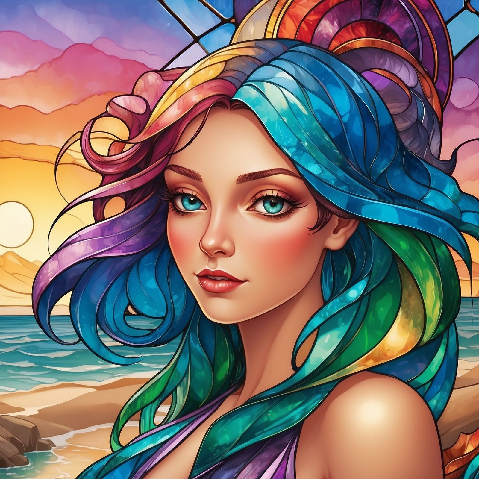 Stained Glass Girl at Beach