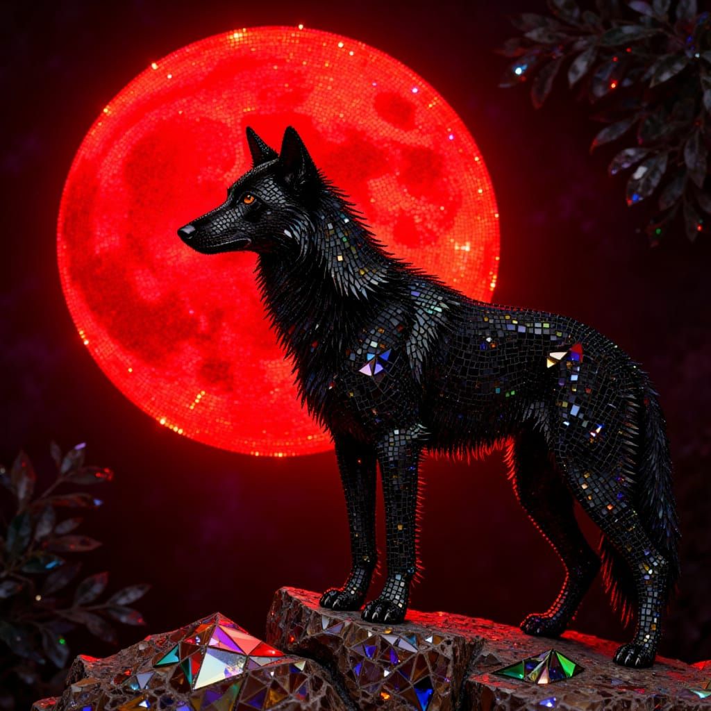A black wolf in front of a full red moon in diamond painting style <lora:Diamond Painting:1.0>