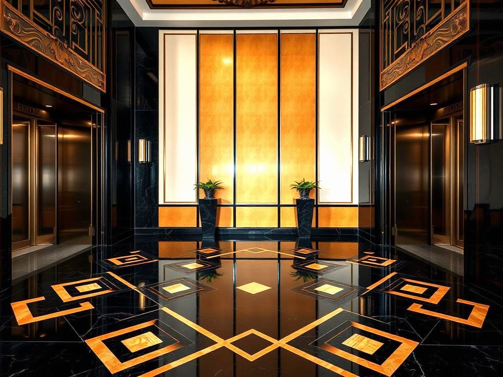 Art deco lobby. Geometric paterns on the floor. Complementary colors wall panels.   by @Fabio Giorgi