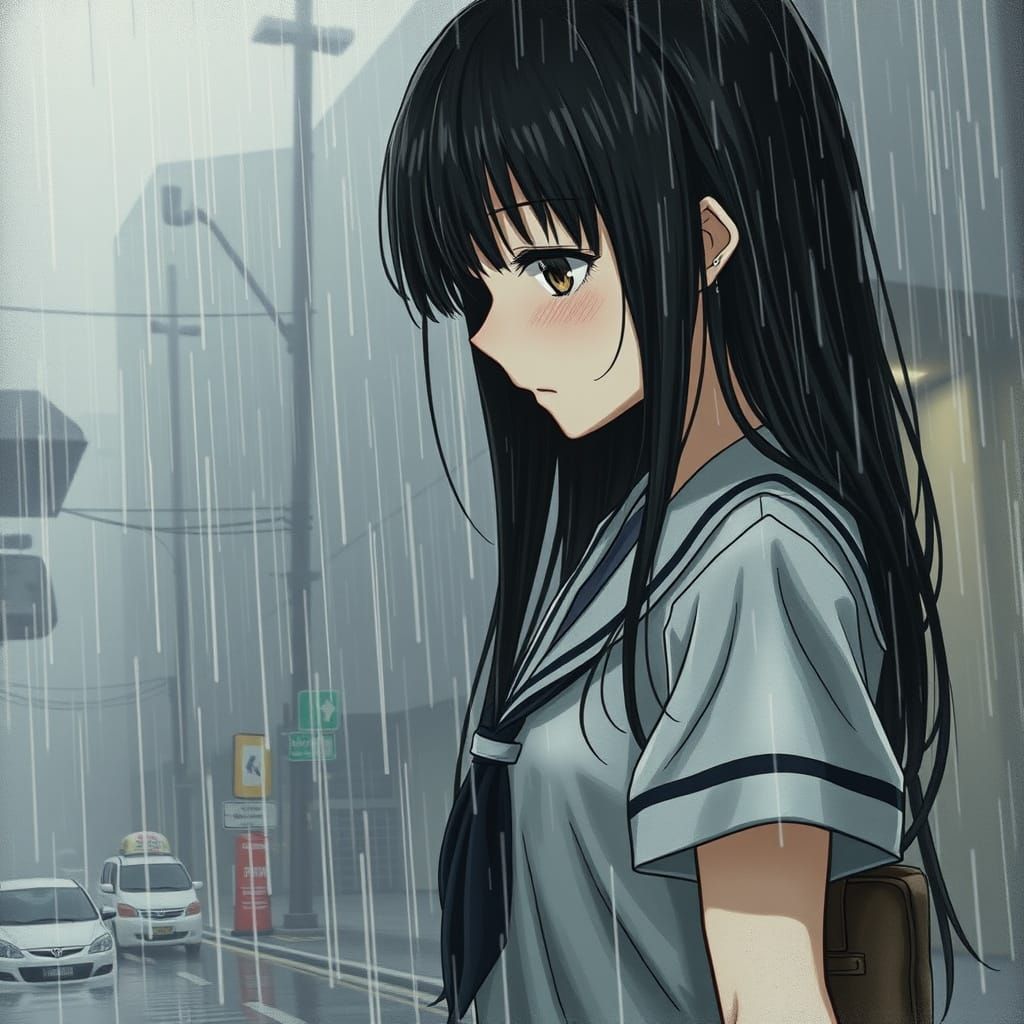 Melancholic Anime Girl in Rainy Night