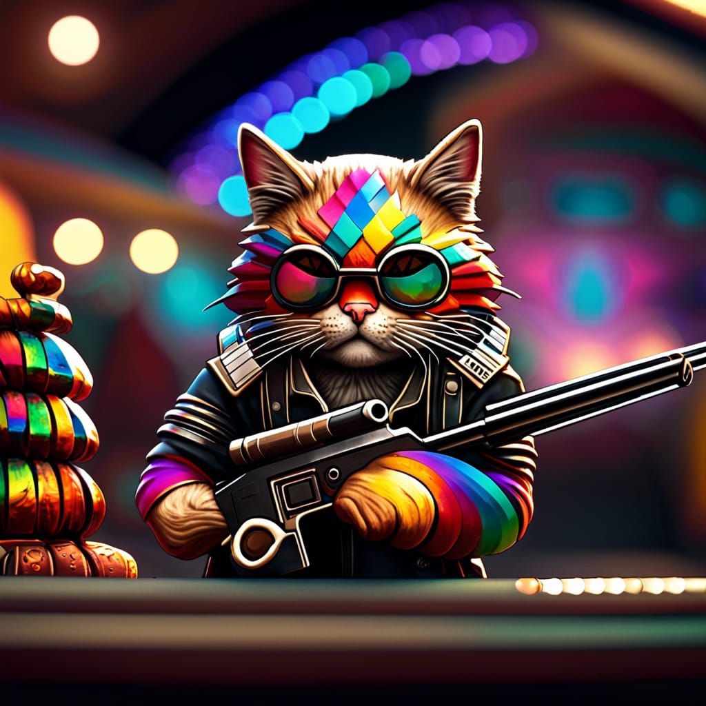 Gangster Cat on Rainbow Mountain, Detailed Digital Art