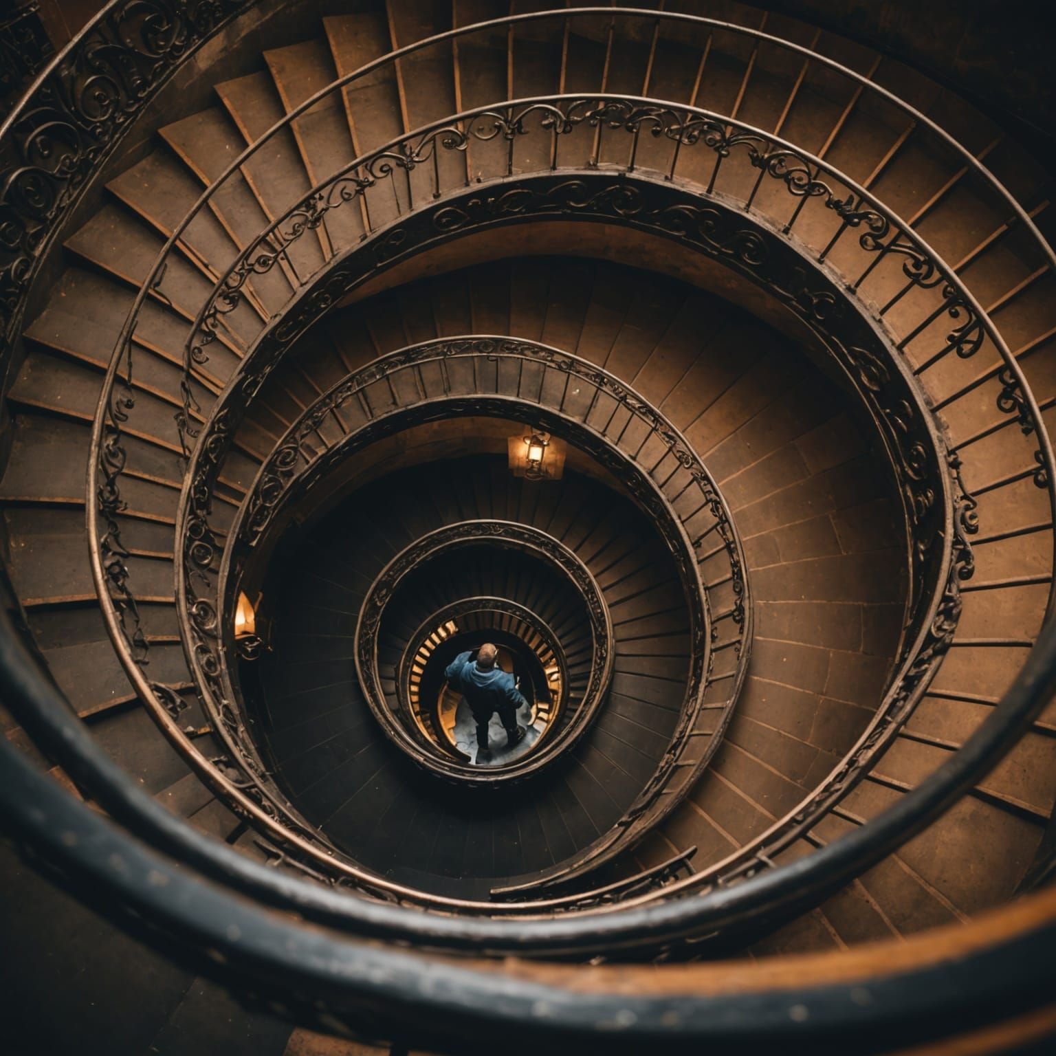 a man looks down a spiral staircase that keeps going down, down, down. Professional photography, bokeh, ...  by @AmyLuPotter