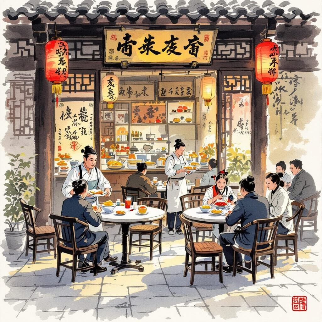 Ming Dynasty Snack Shop Scene in Traditional Chinese Ink Was...