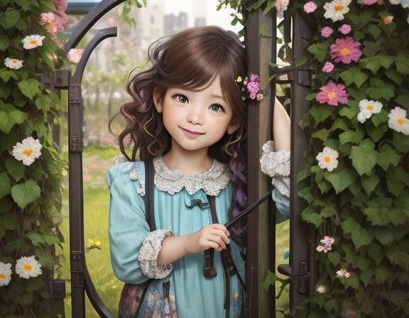 Toddler Peeking Through Flower Gate, Painterly Portrait