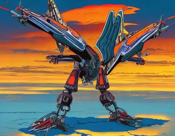 <lora:Shocking:0.1>sunset landscape with a biomechanical bir...