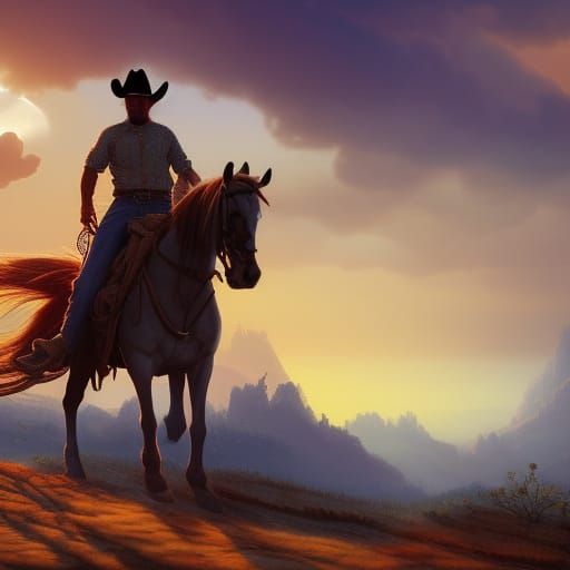 Cowboy riding a horse in the sunset  by @Sewon Kim