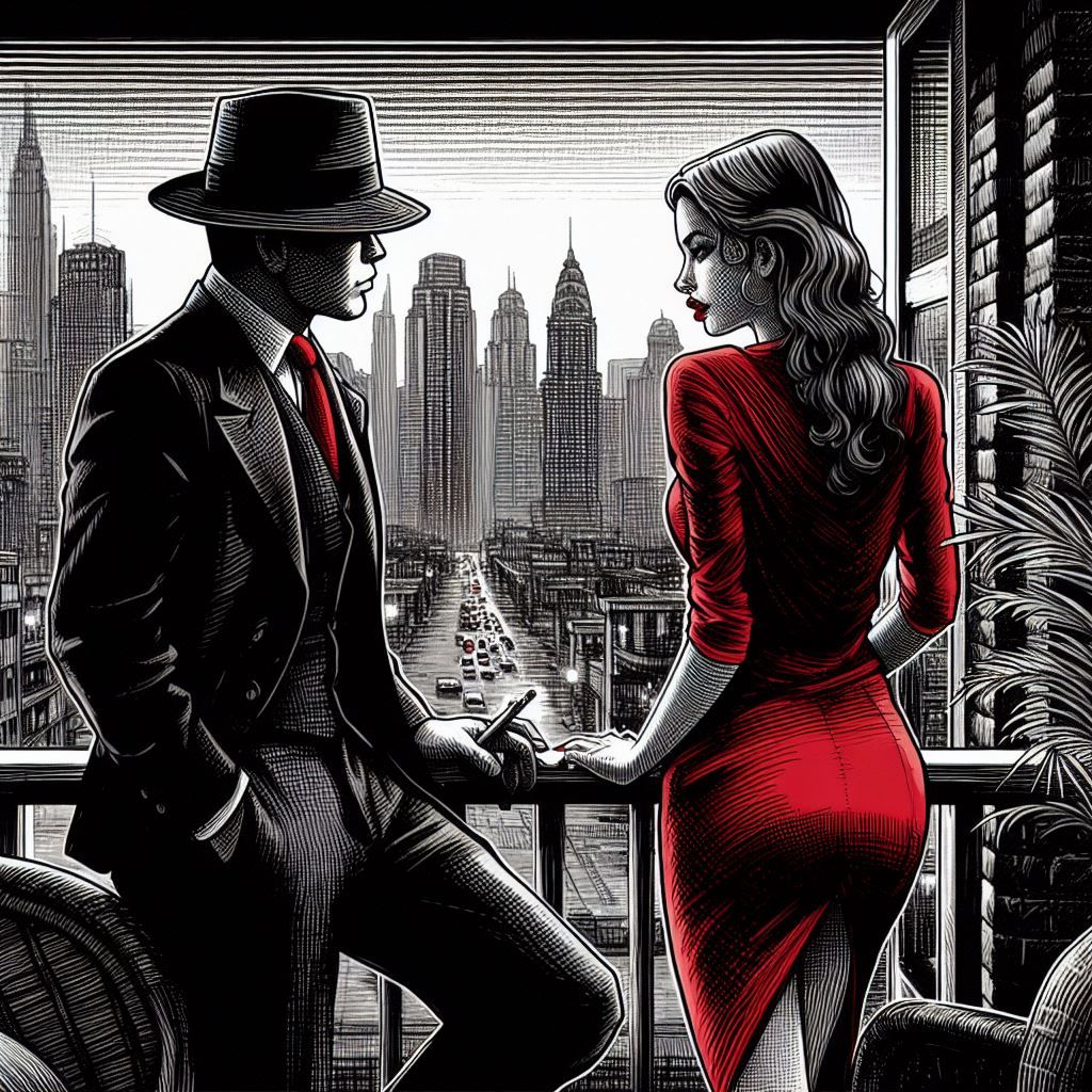 Classic noir Lady in Red meets Detective
