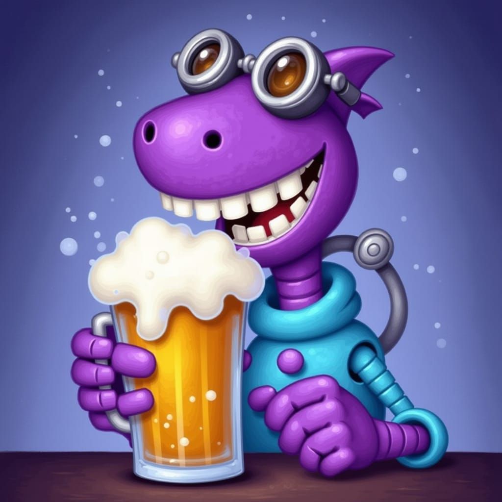Purple & White Shark wearing goggles with a blue ducky shirt grinning mischievously while drinking a frothing bubbly beer <lora:XenoByte:1.0...