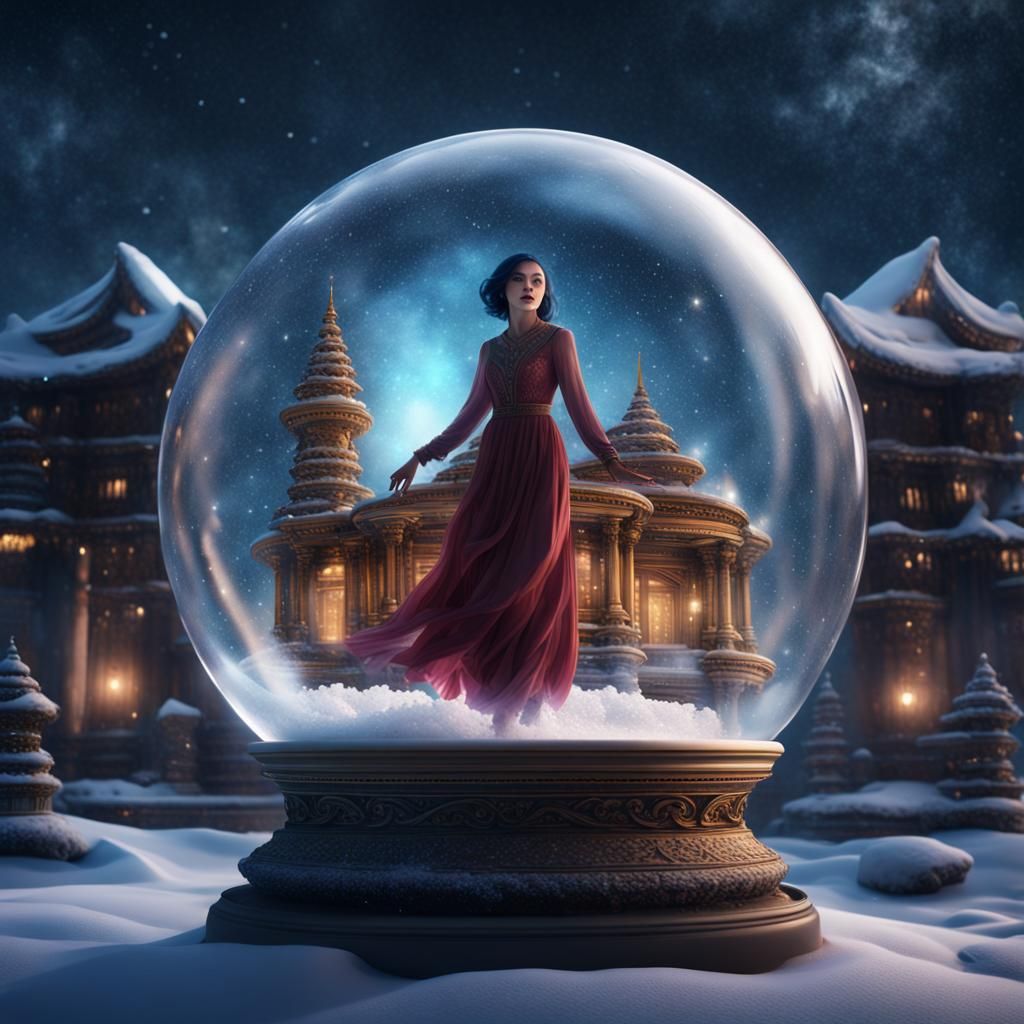 transparent woman floating in a snowglobe with a background ...