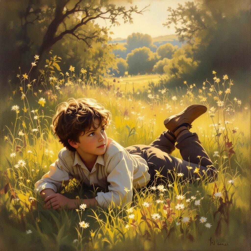 Boy on Stomach in Sunlit Meadow, Pre-Raphaelite Style