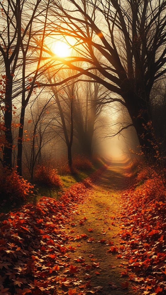 The Golden Hour Crossing"

"A forgotten country path, carpeted in a thick, crunchy layer of maple leaves in shades of crimson and gold. The ...