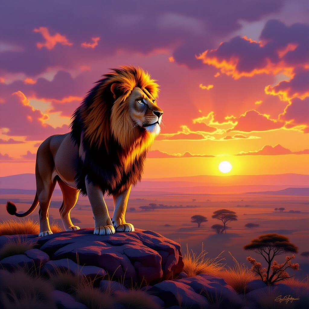 Majestic Lion at Sunset on Savanna