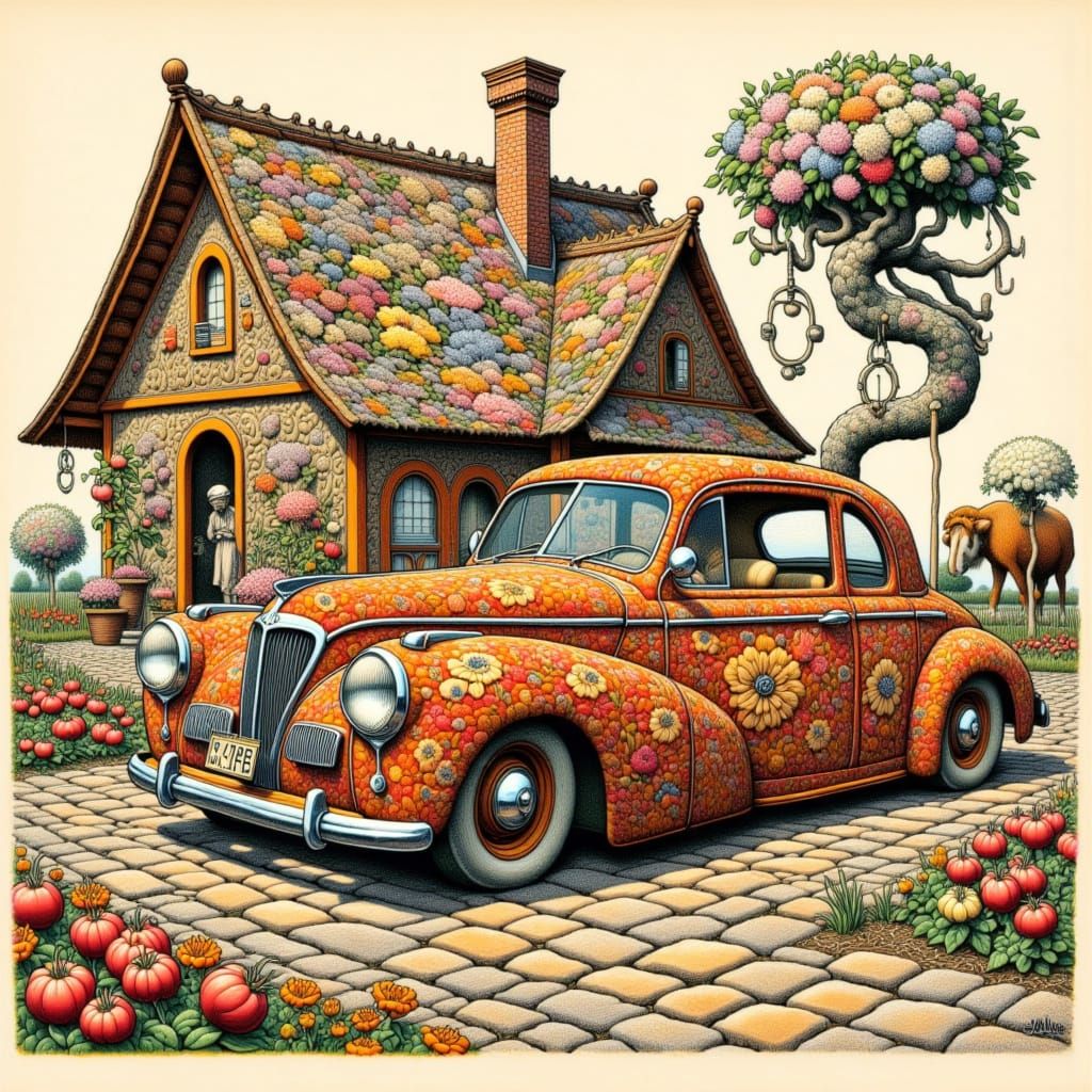 <lora:flat:1.0>  flat image hyper detailed sketch old Studebaker car made of jacquard near house made of jacquard. Primitivism, comical, hyp...