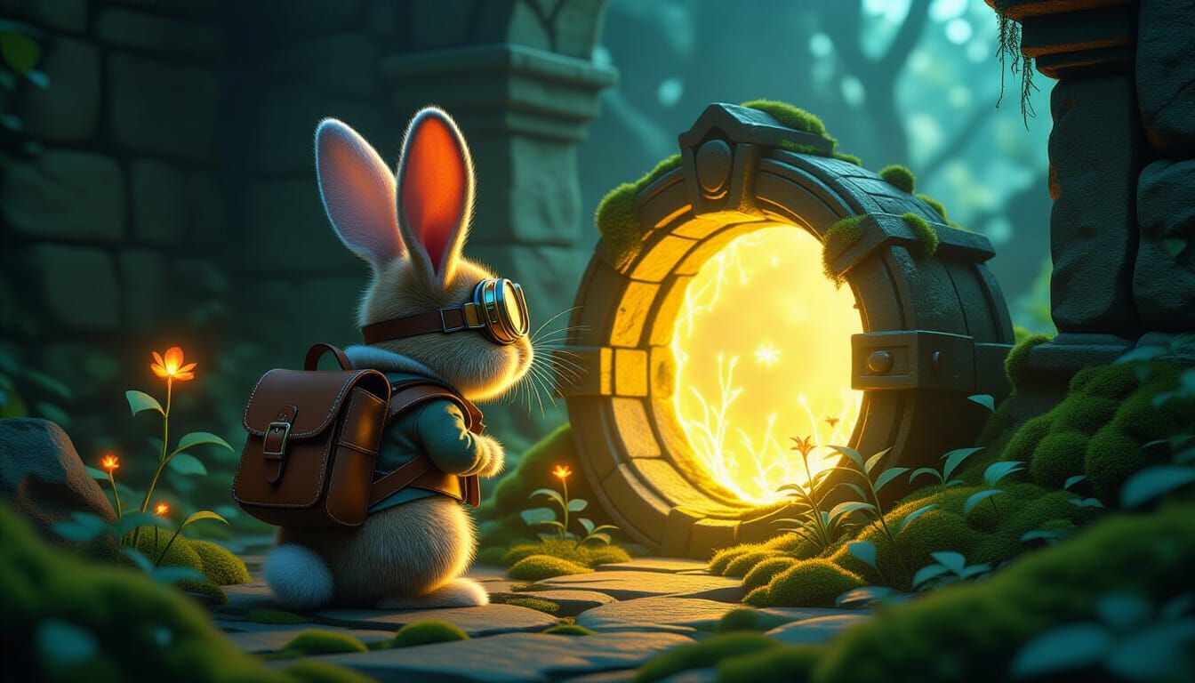 A whimsical rabbit adventurer, clad in a tiny leather satchel and goggles, peers curiously into a glowing, ...  by @dmaster1968