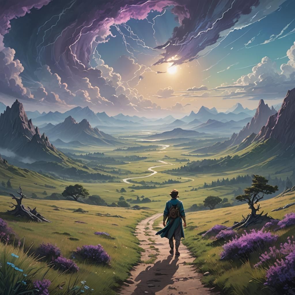 Wanderer and fantasy scenes in iterating landscapes from sto...