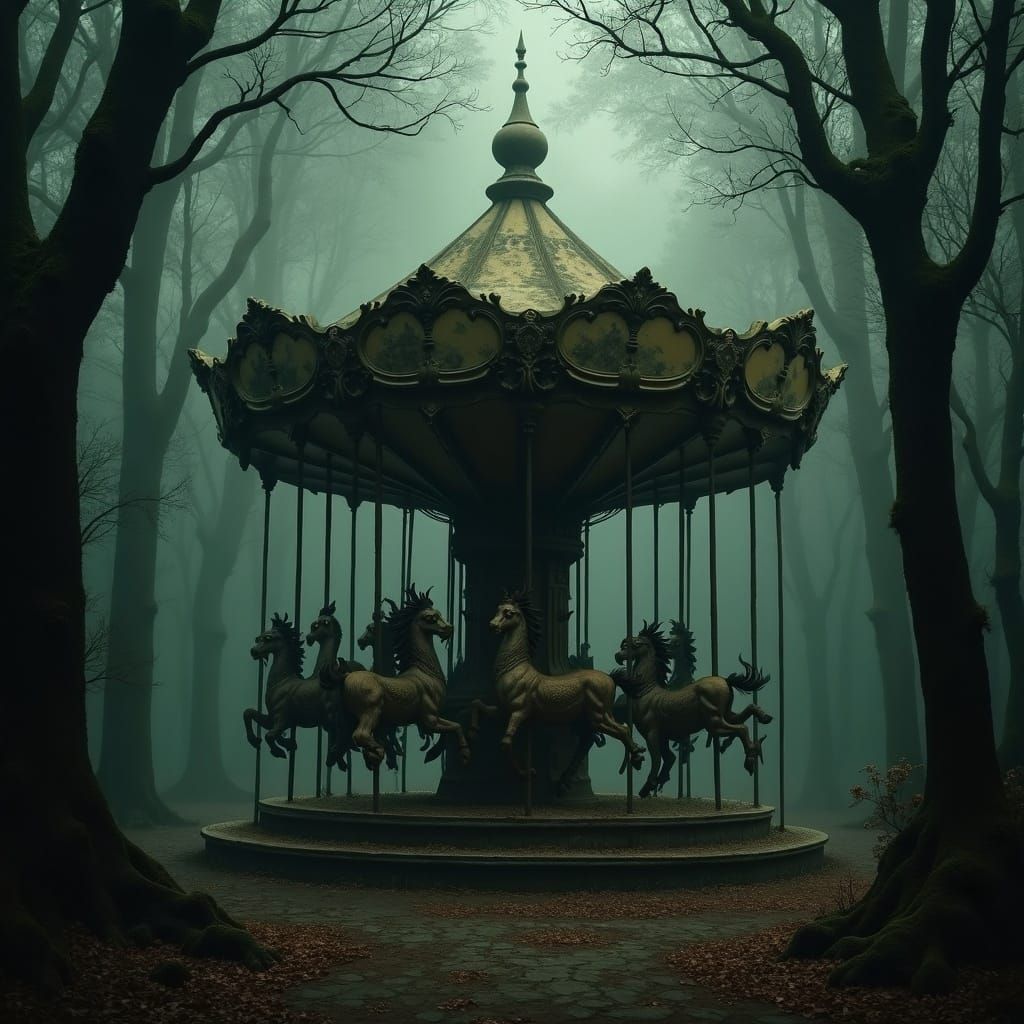 Highly creative. Oil painting. An abandoned, overgrown carousel in a misty, ancient forest. The carousel animals are replaced by mythical cr...