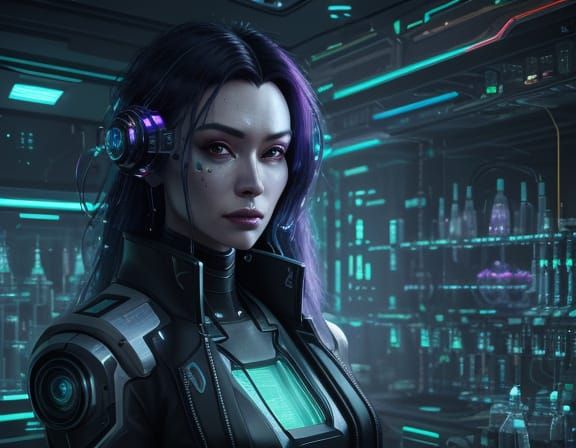 Cyberpunk scientist in a futuristic lab stares intently at a holographic display, surrounded by bubbling beakers and glowing wires.