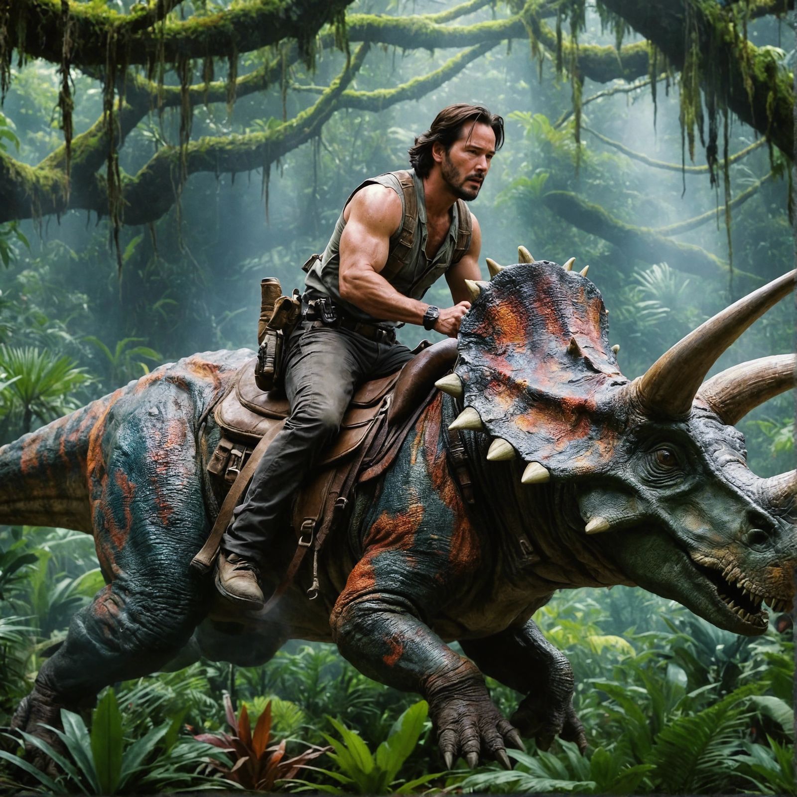 Keanu Reeves rides a coloful triceratops in Jurassic Park prequel movie ...