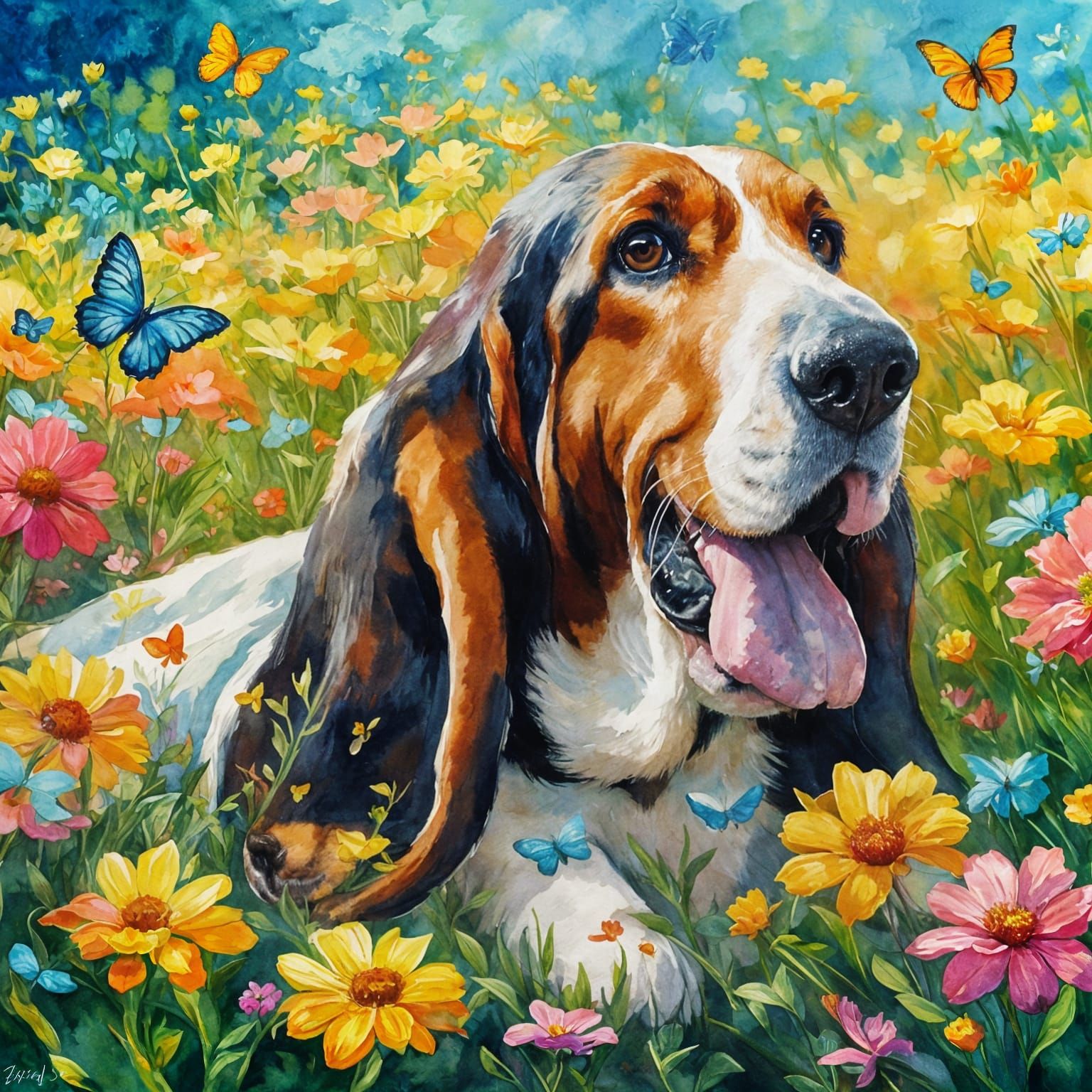 "A dreamy watercolor of a Basset Hound lying in a flower meadow, butterflies resting on its long ears." ...  by @Zacharo