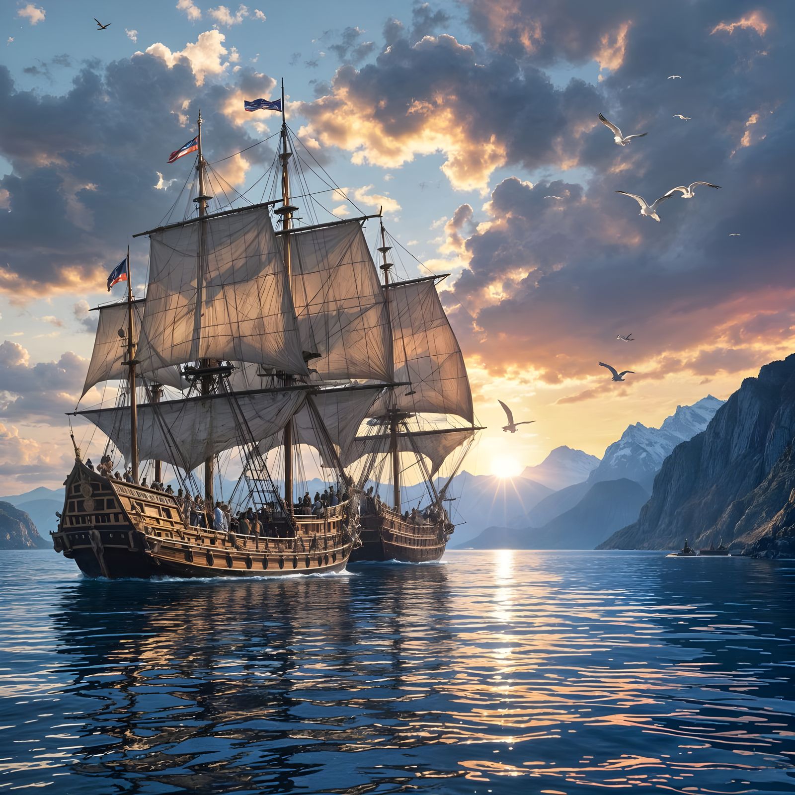 Three majestic wooden sailing ships from the 17th century, their intricately carved hulls and billowing ...  by @Bama