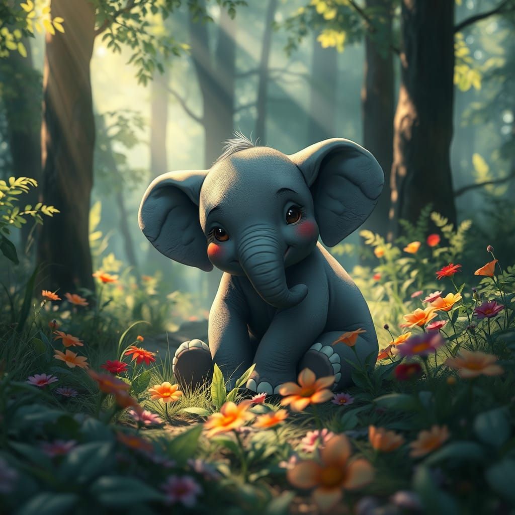 Gentle Gray Elephant in Forest, Matte Painting Style