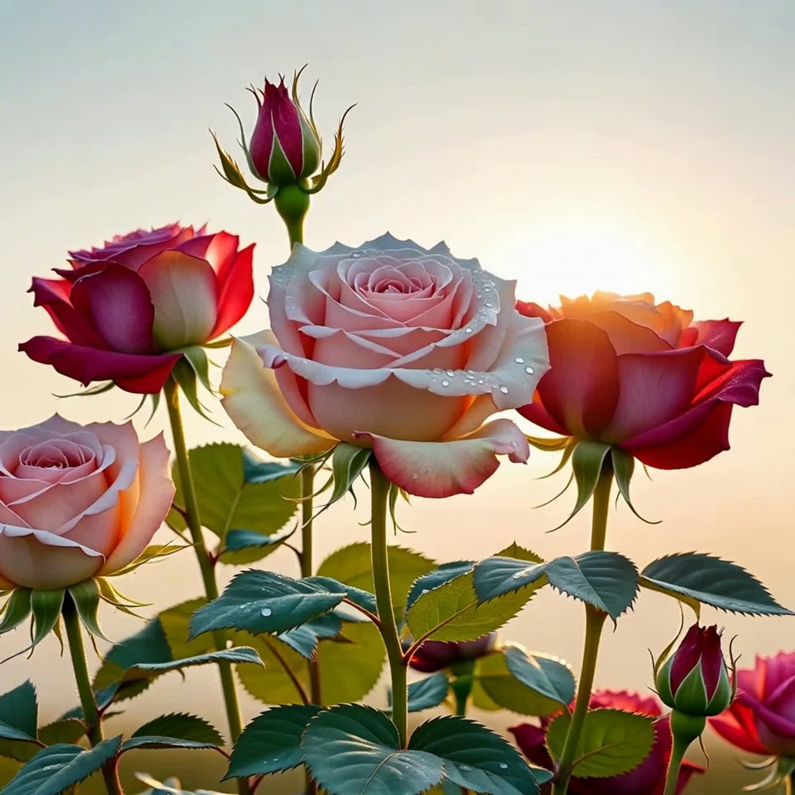 a group of rose that are just starting to open with dew on them as the sun comes up they open all the way on a transpare...