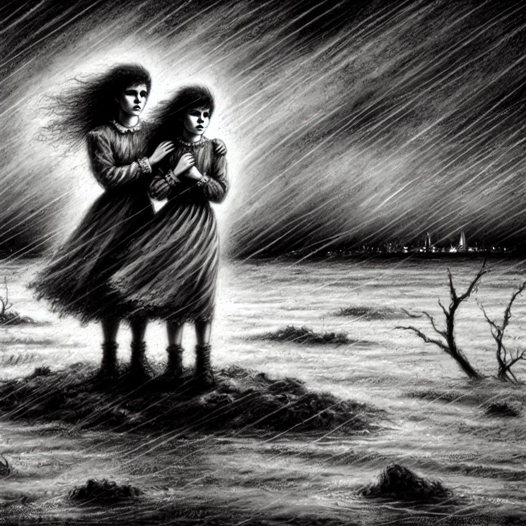 Two girls embrace each other on an island surrounded by rain and storm | DALL-E 3 AI image prompt in my tutorials!