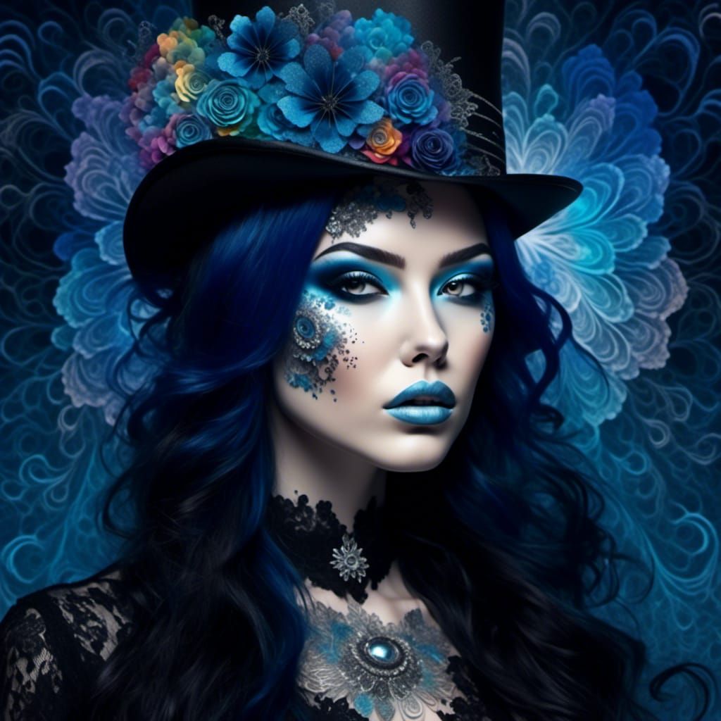 <lora:3d flower portraits:1.0> cosmic goddess in top hat blue, chubby face, fat, round cheeks, huge rainbow lace flowers in background, flow...