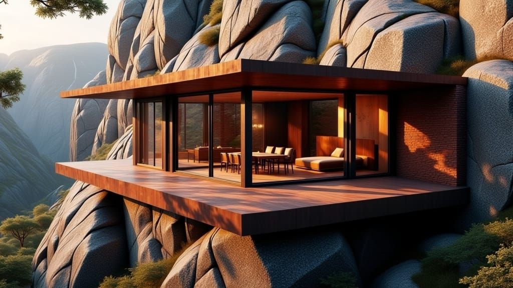 a sleek, modern house by <lora:The Flux Architect:1.0>, seamlessly blending corten steel and dark red bricks into a rugged mountain cliff. E...
