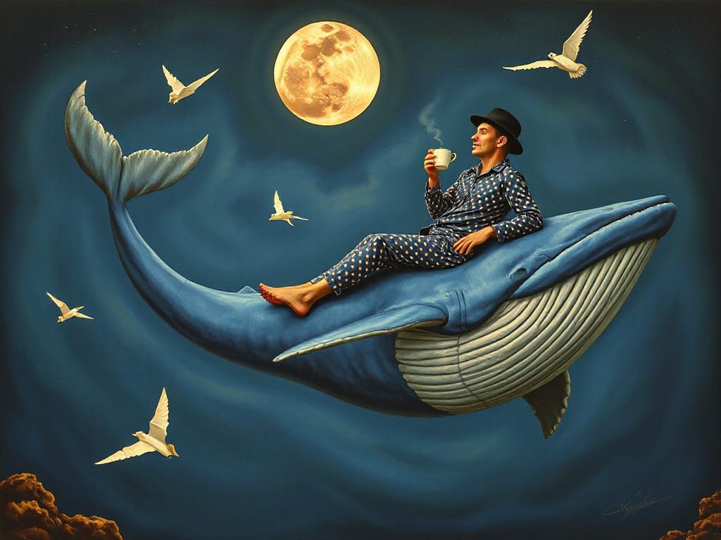 Surreal Whale Rider in Moonlit Sky, Dali Style