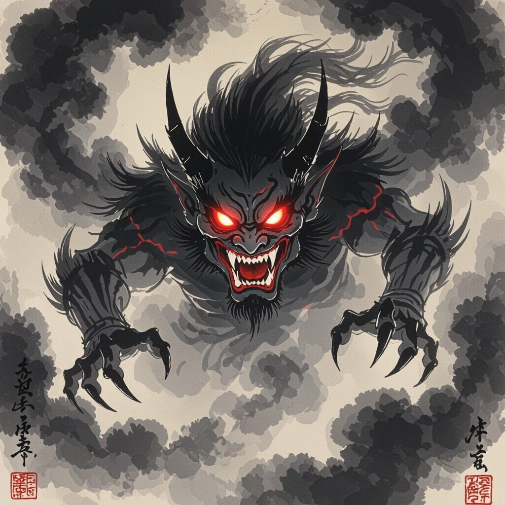 Terrifying Asian Demon in Traditional Ink Style
