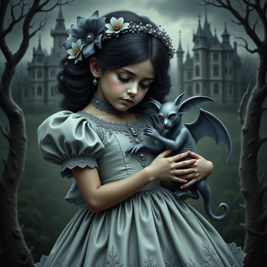 an ominous pale little girl in a plain grey dress playing with her gargoyle pet <lora:Victorian Gothic:1.0> 