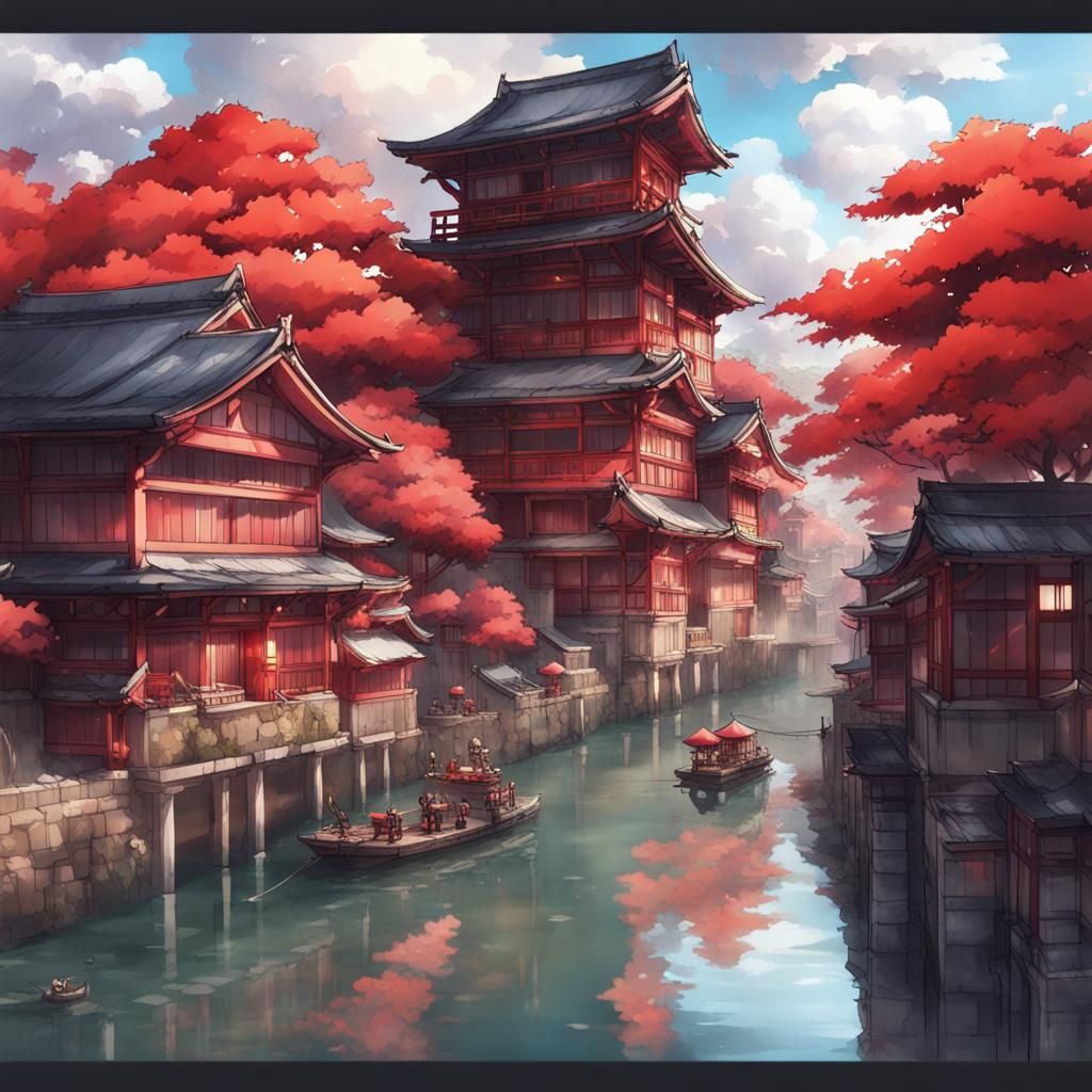 a floating ancient Japanese city with a red torigate at the front - AI ...