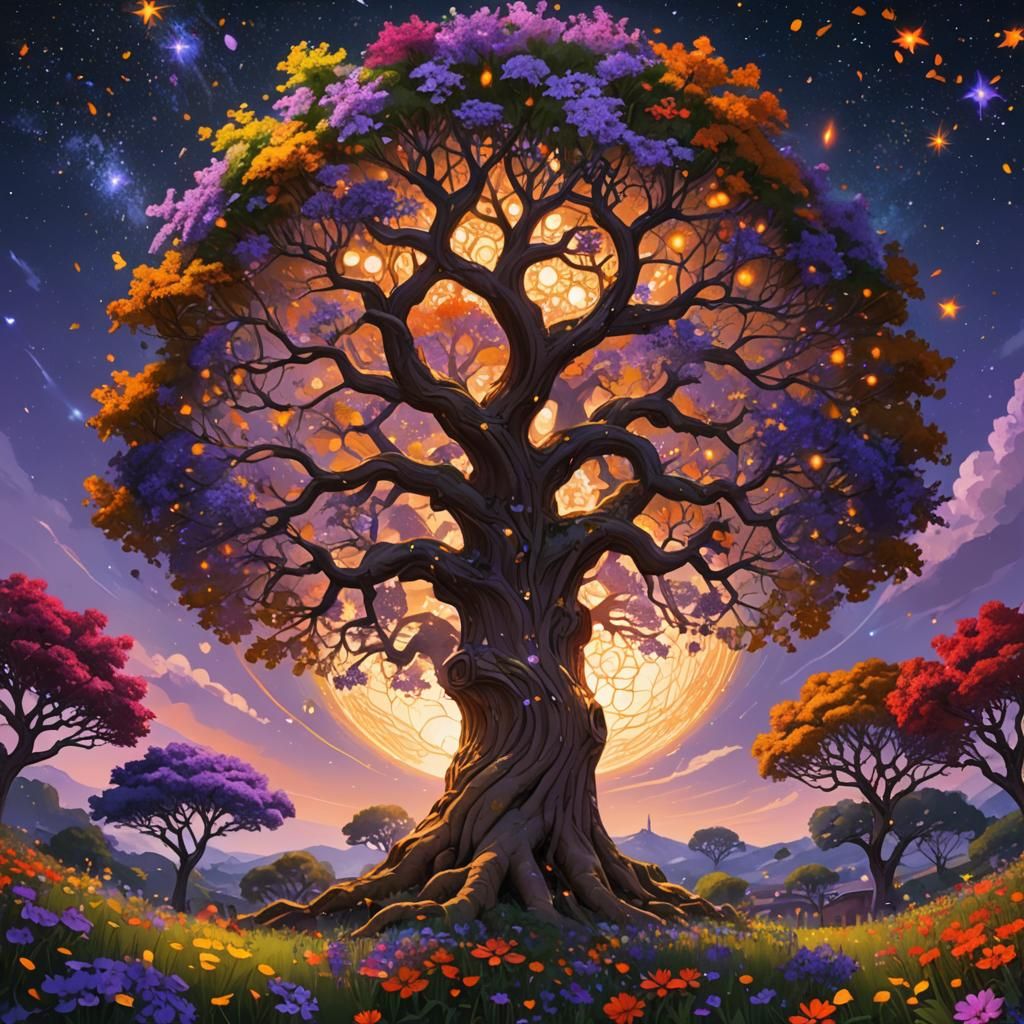 Mighty Tree of life sitting on top of a hill full of multi c...