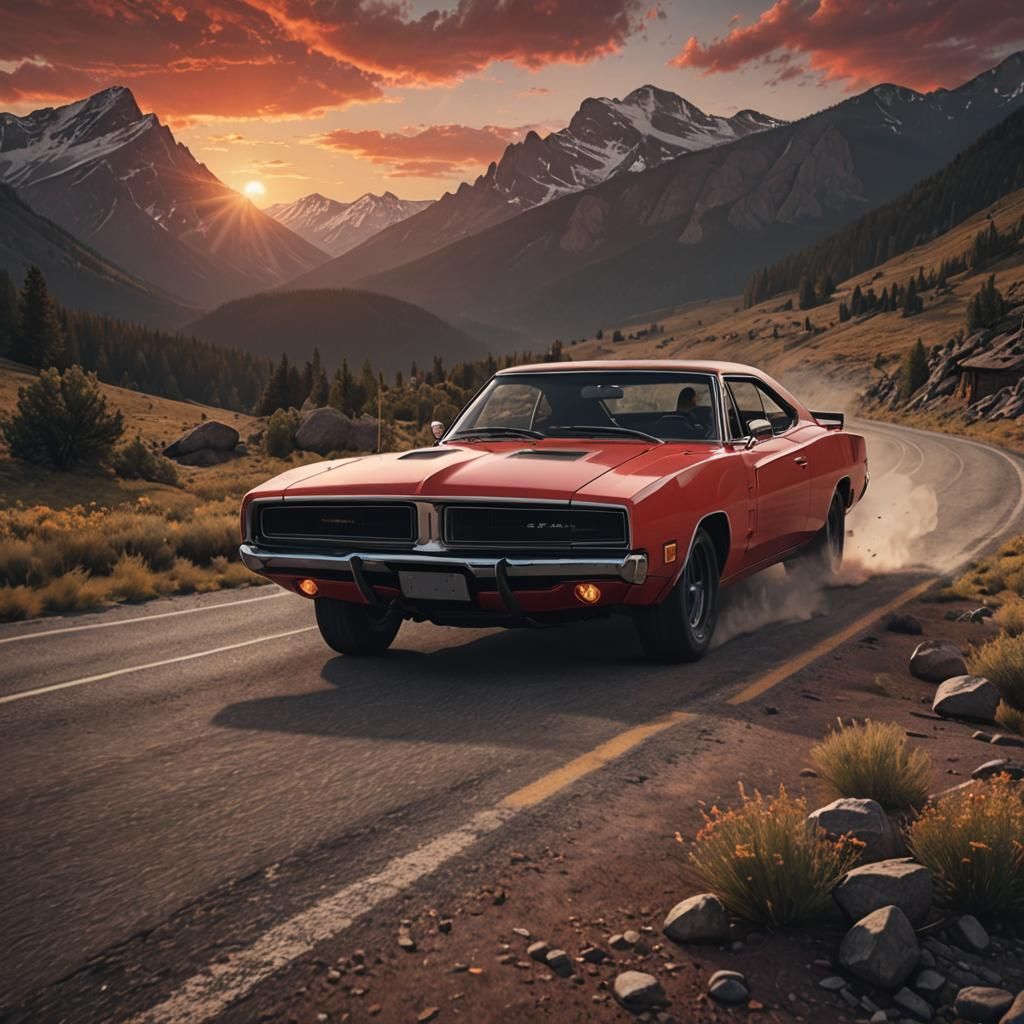 Milana Vayntrub, driving a dodge charger