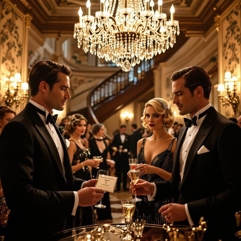 A 1920s-style perfume launch party is set in a grand, opulent mansion with chandeliers casting a warm, golden glow. Two private investigator...