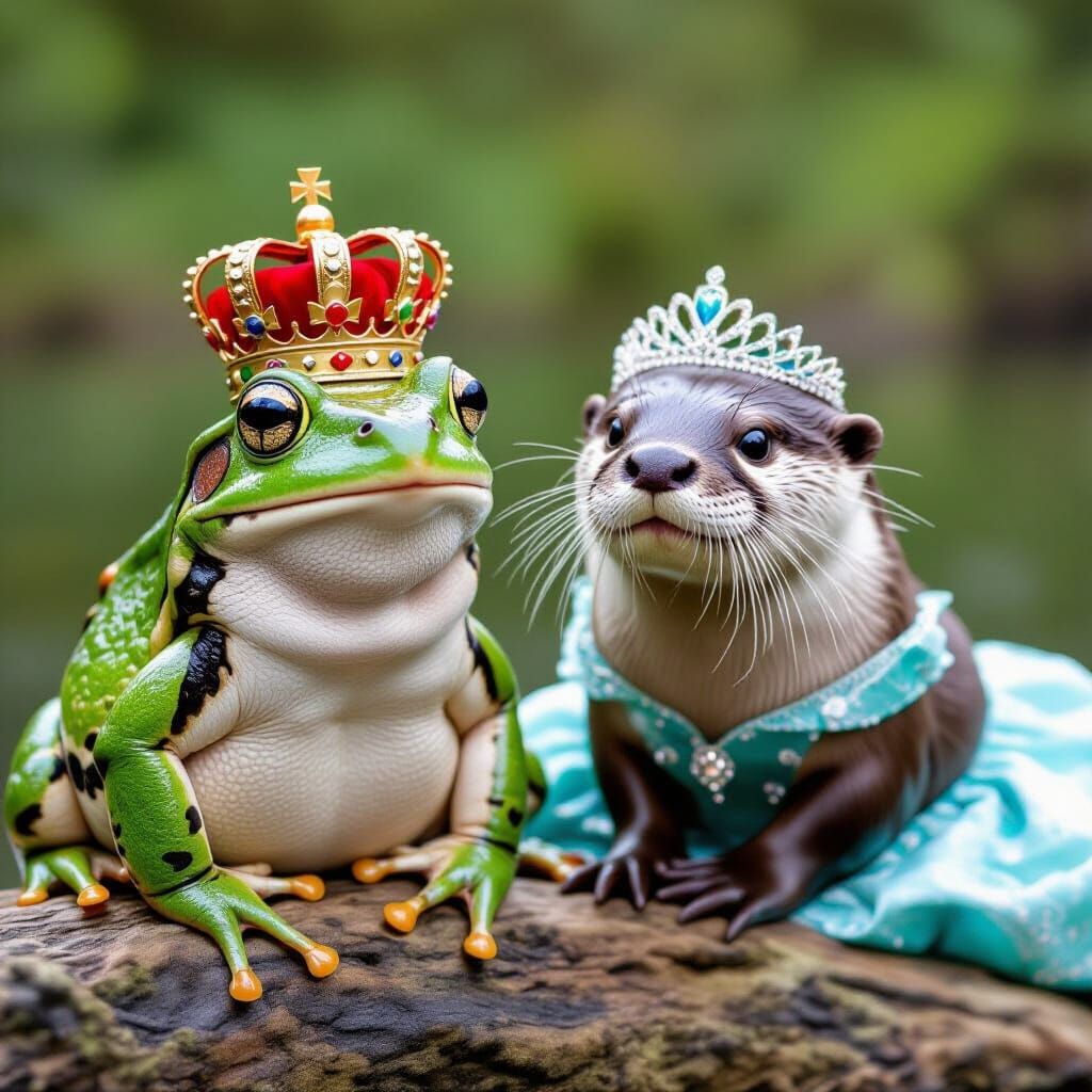 A frog prince wearing a crown along with an otter princess wearing a tiara  by @Alexander Hasele