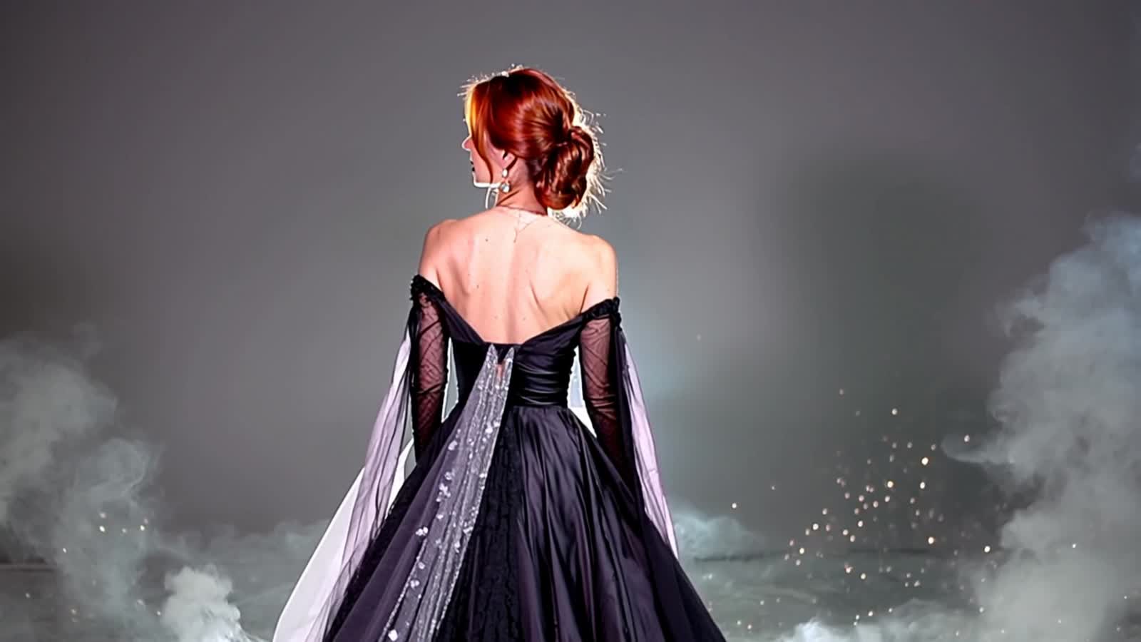 A striking and radiant image of a woman with her back to the camera, slightly tilted in profile, looking at the viewer, ...