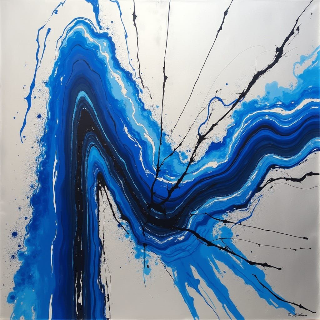 Bold, High-Contrast, 8K Ink Artwork in Blue and Grey with Me...
