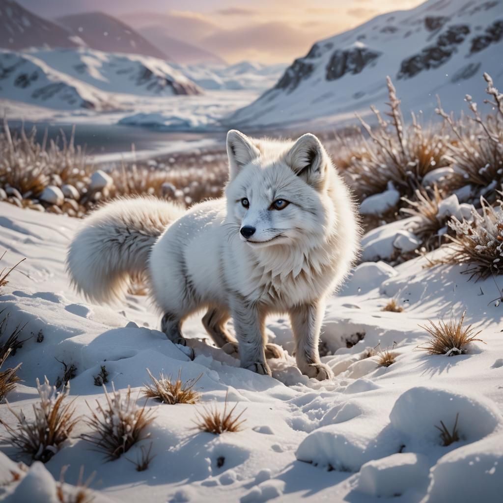 An arctic baby fox exploring a snowy landscape, with its white fur blending seamlessly with the surroundings. ...  by @Mike