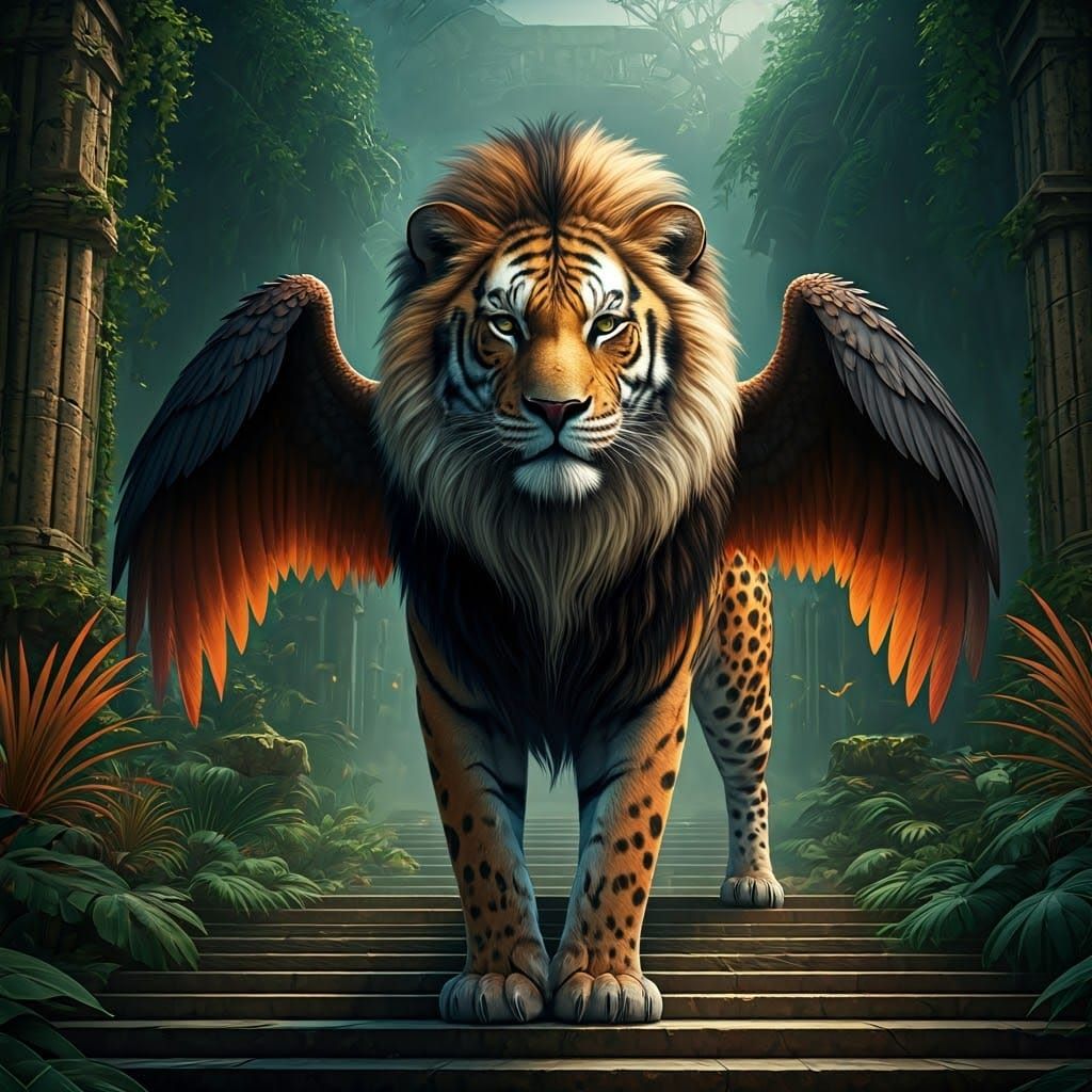 a mix of a lion, tiger, leopard, cheetah, and a giraffe, a e...