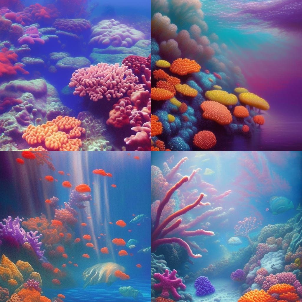 Beautiful coral under water, blue purple orange colors, lumi...