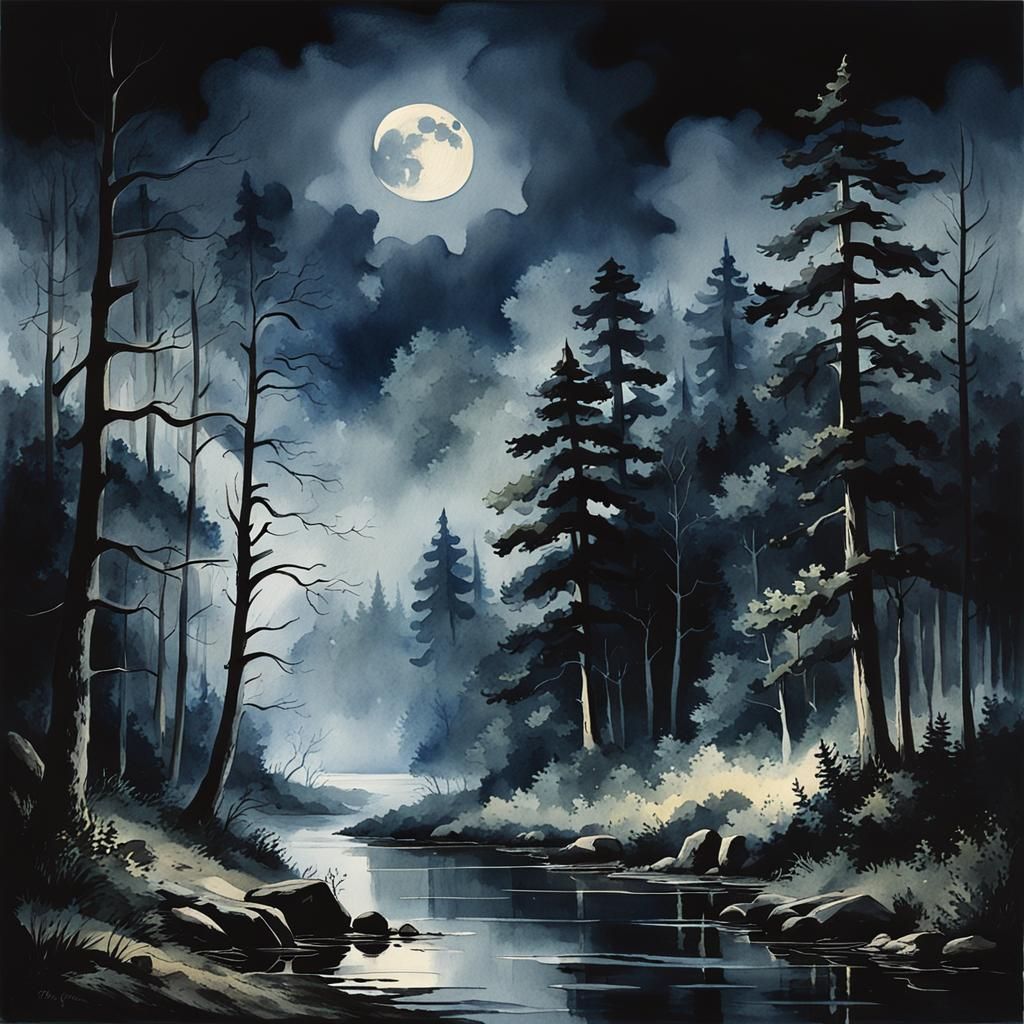 water color of a dark  foreboding wooded landscape, the moon...