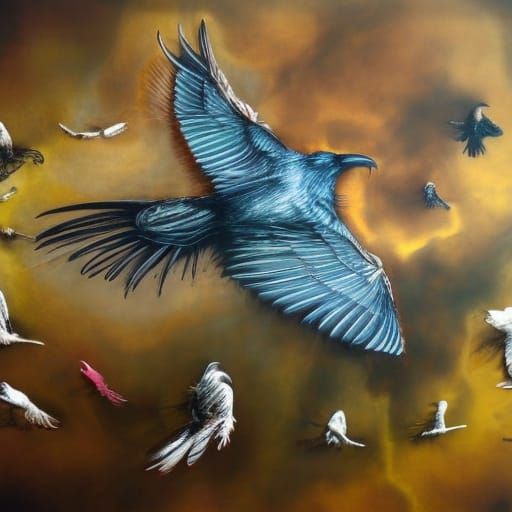 Intricate Raven Illustration in Mixed Media Style