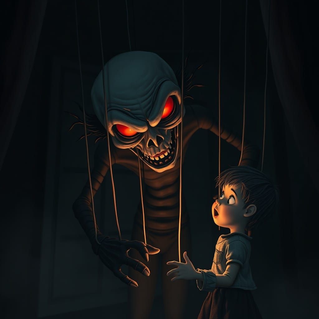 dark cartoon horror, marionette controlling child by strings, shadowy room, exaggerated puppet features, red glowing eyes, cinematic cartoon... - Start Image 2