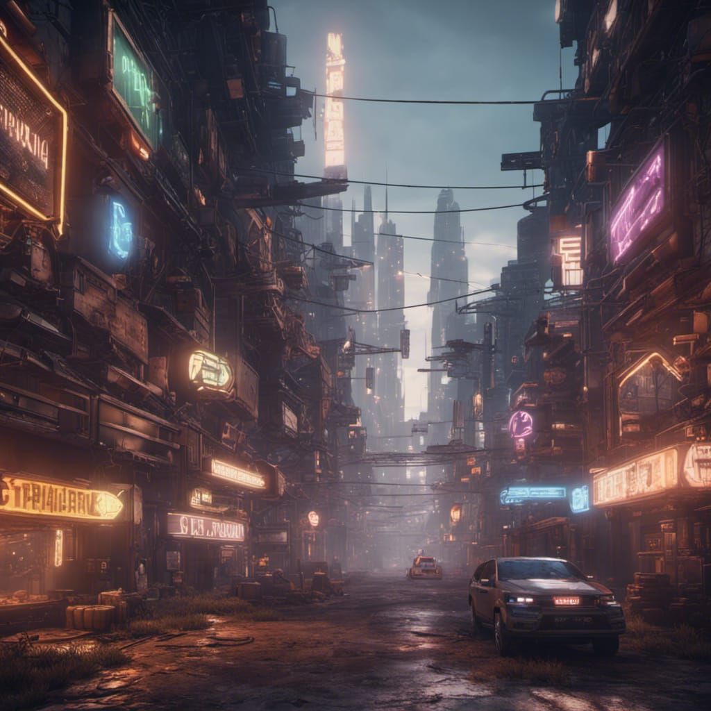 downtown in a rusty ghetto futuristic neon city made of metal with ...